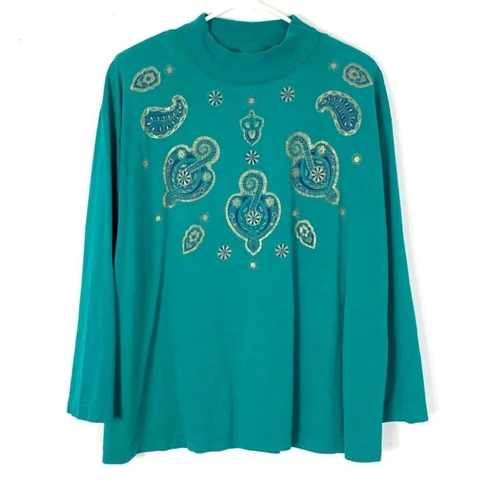 Vintage 80s 90s Mock Neck Shoulder Pad Teal Printed Top Women Large Long Sleeves